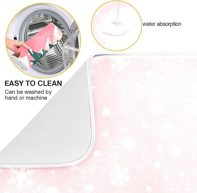 Christmas Tree Pink Dish Drying Mat for Kitchen Countertop 16x18 Winter Snowflake White Xmas Small Drying Mat Reusable Quick Dry Dish Sink Mats Easy Clean Decorative Essentials