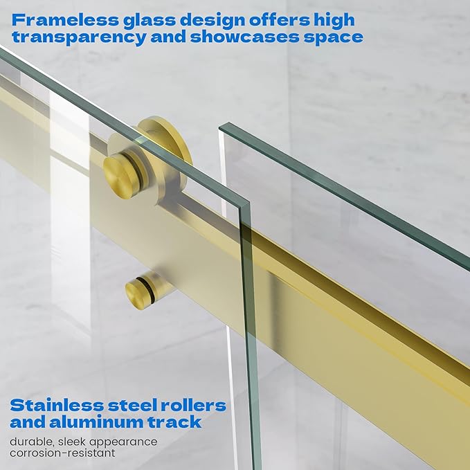 Sliding Shower Door, 48" W x 76" H Semi-Frameless Double Sliding Glass Shower Door with 5/16'' (8mm) Clear ASNI SGCC Tempered Glass, Bypass Shower Enclosure, Brushed Gold