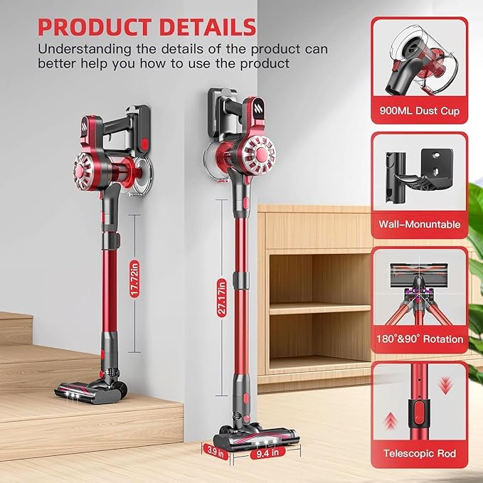 Cordless Vacuum Cleaner for Home,Lightweight Stick Vacuum Cordless Rechargeable with Power Suction, Up to 35 Mins Runtime, Hardwood Floor Vacuum for Pet Hair,Carpets,Tile(Dark Red)