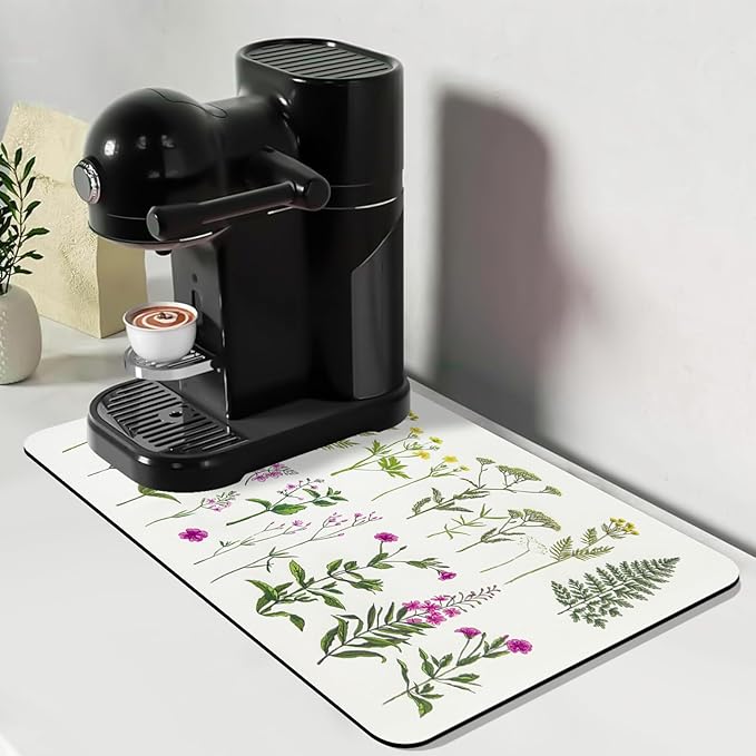 Bloss Kitchen Mat, Coffee Mat 12"x19", Coffee Bar/Maker Mat, Kitchen Counter Mats, Absorbent Hide Stain Rubber Backed Dish Drying Pad(, Flowers and Leaves)