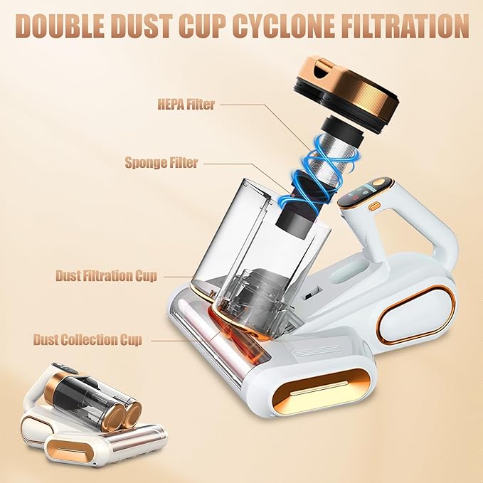 Mattress Vacuum Cleaner, Bed Vacuum Cleaner with HEPA Filter, 13Kpa Suction, UV-C Light, Double Cup Handheld Vacuum for Bed, Sofa, Pillows, Cribs (120W Wireless)