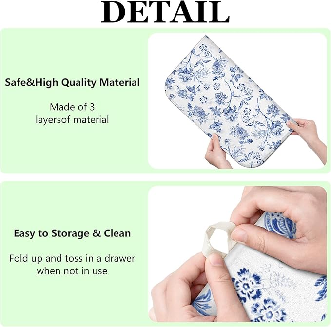 Blue Floral Dish Drying Mat for Kitchen Counter, French Farmhouse Style Microfiber Drying Rug, Washable and Absorbent Kitchen Countertop Dish Drainer, 16x18 Inch