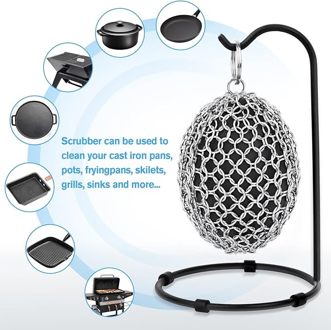 Cast Iron Scrubber & Scraper Set with Hook - Ergonomic 316 Chainmail Scrubber for Cast Iron Skillets, Dutch Oven, Baking Sheet, Crock Pot, Grills & More - Black Single Ring