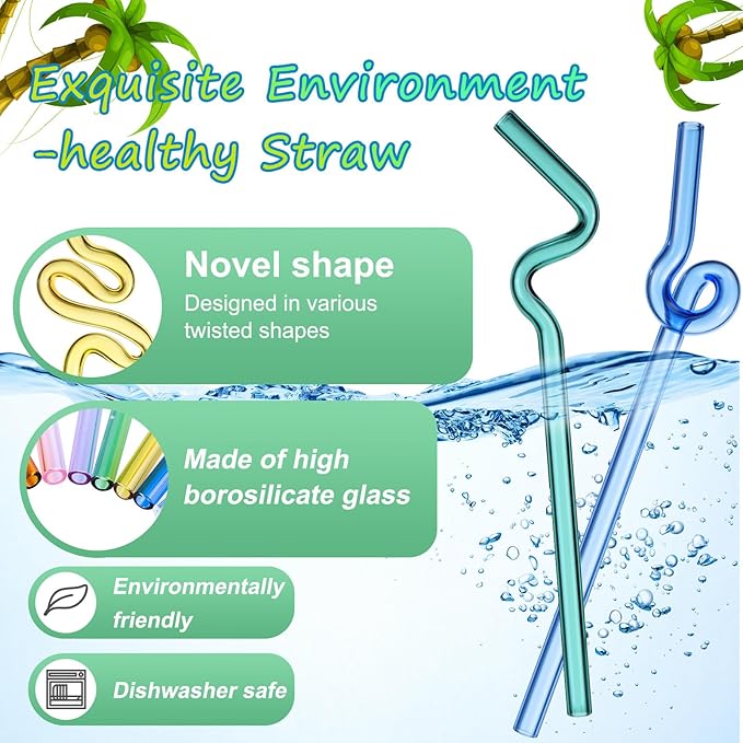 Yinkin 6 Pcs Wavy Glass Straws Reusable Curved Straw Shatter Resistant with 2 Cleaning Brushes Clear Silly High Borosilicate for Kids Adults Smoothies Juice (Colorful, 8 Inch)