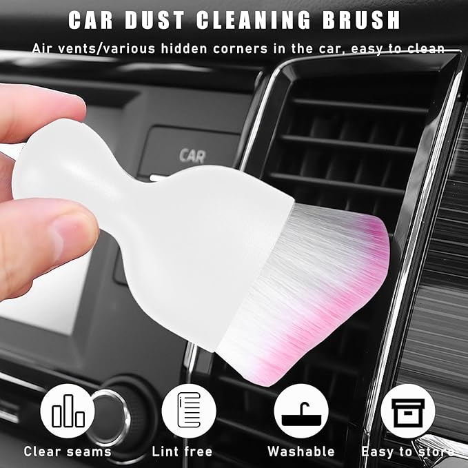 Car Interior Dust Brush, Soft Scratch Free Auto Detailing Brushes, Universal Vehicle Interior Cleaning Tool for Automotive Dashboard, Air Vents, Leather(White & White & Pink)