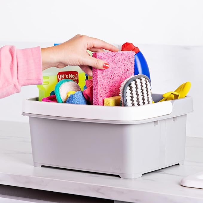 Minky Large Storage Caddy - Easy to Clean Plastic Storage Bin with Foldaway Handle For Cleaning, Crafts, DIY - Great for Pantry, Fridge & Organization - Made in the UK (Light Grey)