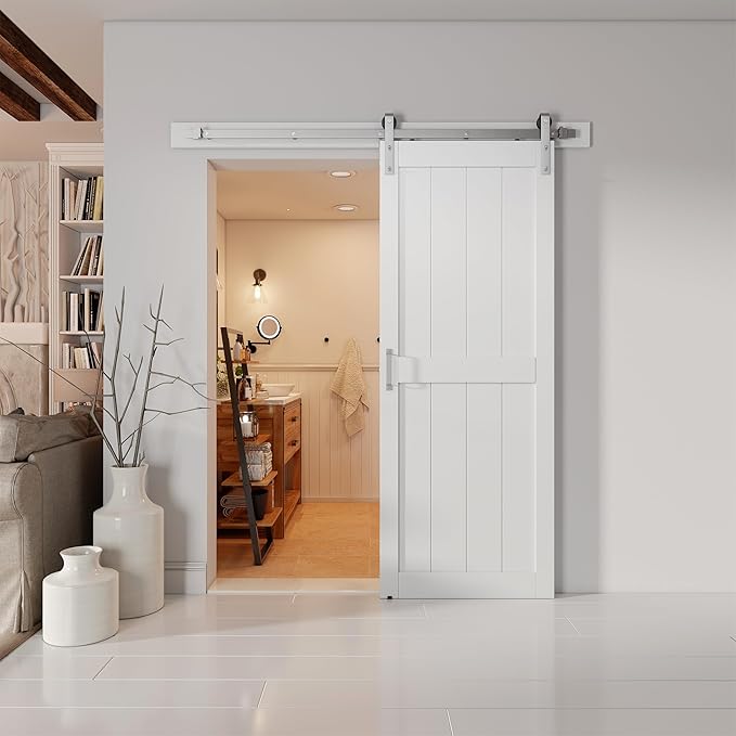 32''x84'' Sliding Barn Door with 6 Ft Brushed Nickel Hardware Kit& Handle& Floor Guides,Pre-Drilled Holes Easy Assembly - Include Installation Manual, Water-Proof PVC Surface, H-Frame