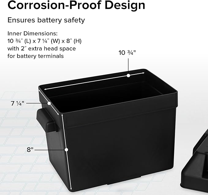 Camco Large Battery Box with Straps and Hardware - Group 27, 30, 31 |Safely Stores RV, Automotive, and Marine Batteries | Measures Inside 7-1/4" x 13-1/4" x 8-5/8" | (55373), Black