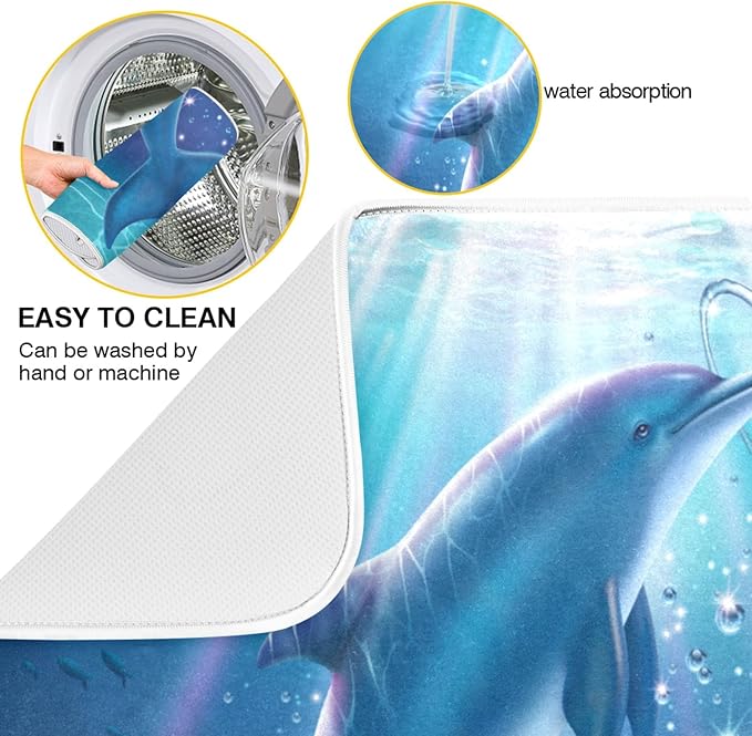 Tarity Lovely Dolphins Dish Drying Mat for Kitchen Counter Absorbent Heat Resistant Microfiber Dishes Drainer Mat 18x24 in Large Dish Pad Sink Mat Protective Pad Kitchen Decor