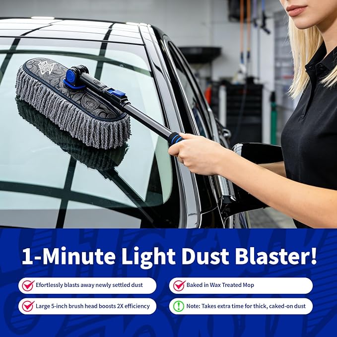 Flash Dog Car Duster Exterior Scratch Free Aluminum Alloy Exterior Handle and Microfiber Hair Waterless Cleaning Brush for Cars, Trucks, SUVs Portable Car Duster