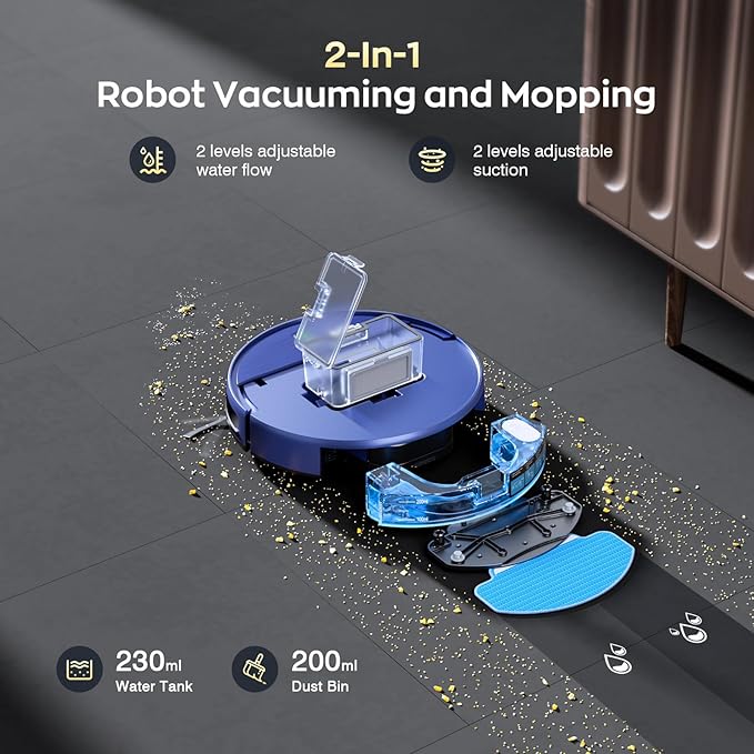 Robot Vacuum and Mop Combo with APP/Voice/Remote Control, 2 in 1 Vacuuming & Mopping Robot, Schedule, Strong Suction, Tangle-Free, Slim & Quiet, for Homes with Pets, Low Pile Carpet & Hard Floors