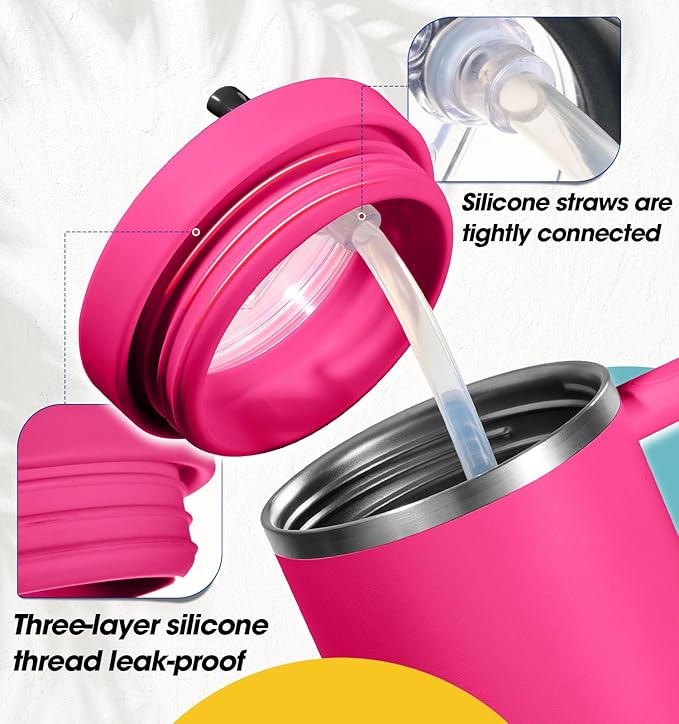 30oz Flip Straw Leak Proof Lid for Stanley Quencher,30 oz Tumbler Lid Replacement for Stanley Cup Accessories,No Spill Silicone Tumbler Lids with Cleaning Brush Set (Fuchsia)