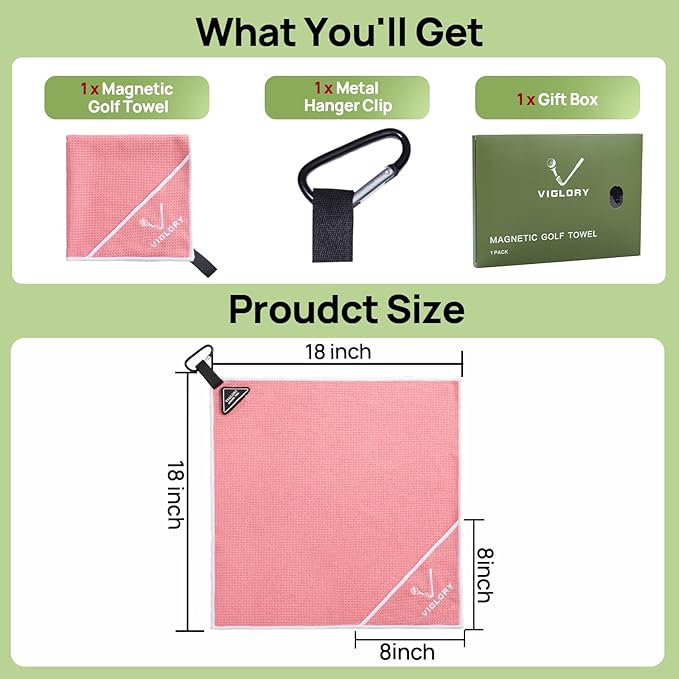 Magnetic Golf Towel for Bag 18" x 18" with Clip Exclusive Cleaning Pocket Microfiber Waffle Ultra Absorbent Club Ball Cleaner, Essential Golf Accessories and Gifts for Men Women(Pink 1 Pack)