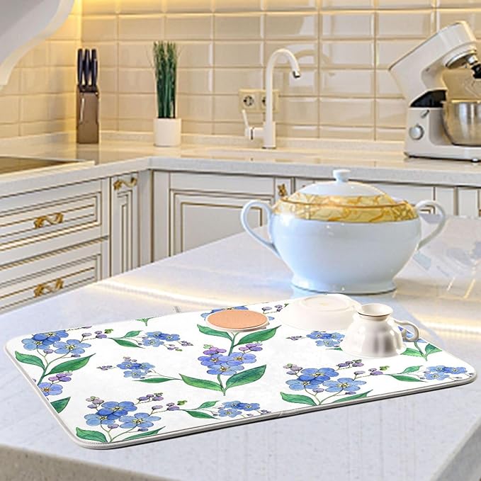 Blue Forget-me-not Flowers Dish Drying Mat for Kitchen Counter 18x24 inch Super Absorbent Drying Mat Large Dish Drying Mats for Kitchen Countertop Protector Dishes Pad