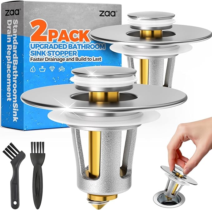 zaa Bathroom Sink Stopper - 2Pack Bathroom Sink Drain Strainer,Pop Up Bathroom Drain Stopper with Anti-Clogging Filter Basket,for 1.05~1.65 in U.S.Standard Basin Drain Holes,Silver
