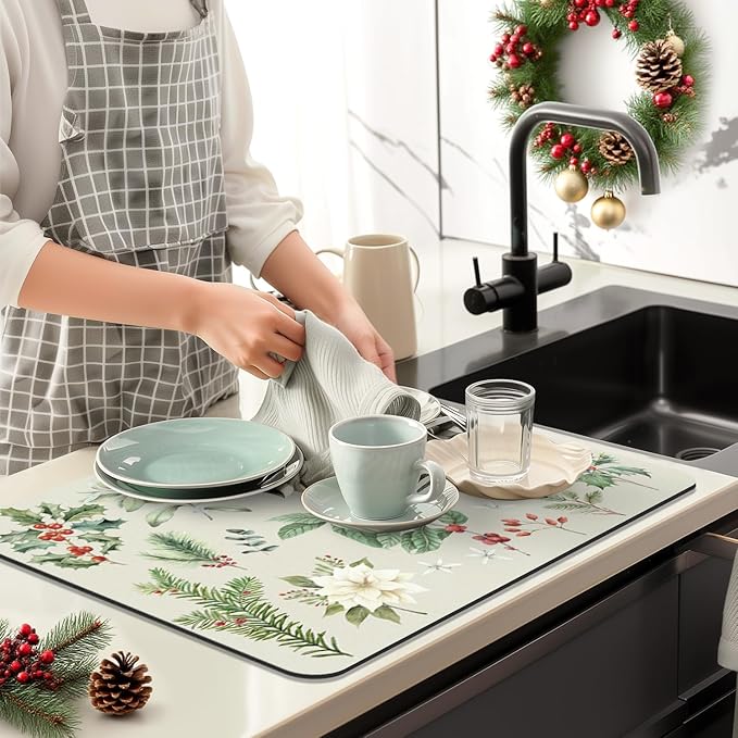 LOKHOM Christmas Dish Drying Mat for Kitchen Counter, 18"x24" Absorbent Christmas Sage Flower Herbs Drying Mat with Red Plants, Christmas Holiday Dish Rack Mat Coffee Maker Dining Room Decoration