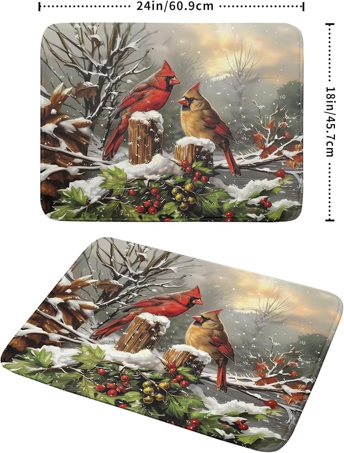 Winter Dish Drying Mat for Kitchen Counter 18x24 Inch Red Birds Cardinal Tree Christmas Theme Print Absorbent Reversible Microfiber Drying Mats Kitchen Countertop Protector Dishes Drainer Rack Pad