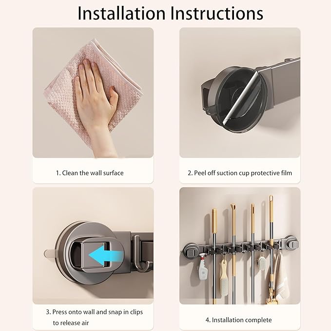 Wall-mounted Mop Holder for Bathrooms, Storage Rack Suitable for Bathrooms, Kitchens, Garages, Gardens, and Laundry Rooms (2 Clips & 3 Hooks/17.6cm)