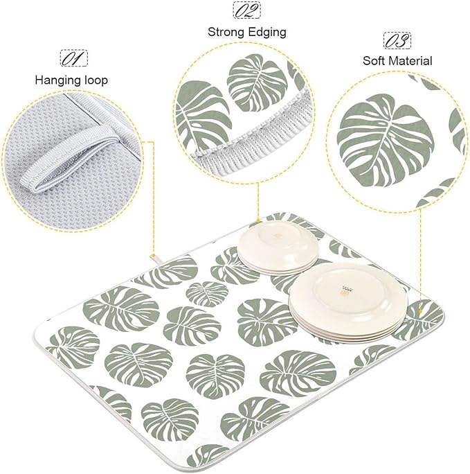 Green Palm Monstera Leaves Dish Drying Mat for Kitchen Counter Absorbent Microfiber Drying Pad, Large 18x24 in
