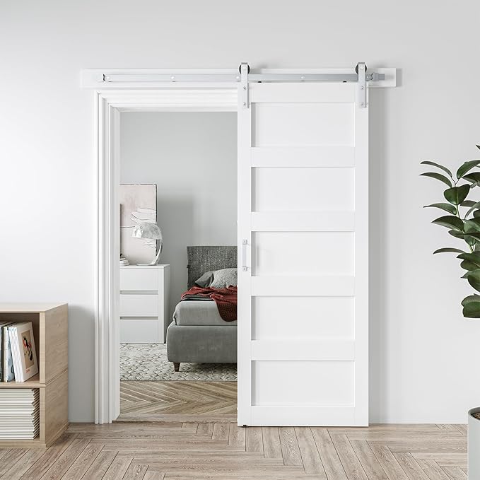 32in x 84in White Sliding Barn Door with 6ft Brushed Nickel Barn Door Hardware Kit & Handle, 5-Panel, Pre-Drilled Holes Easy Assembly, Water-Proof PVC Surface