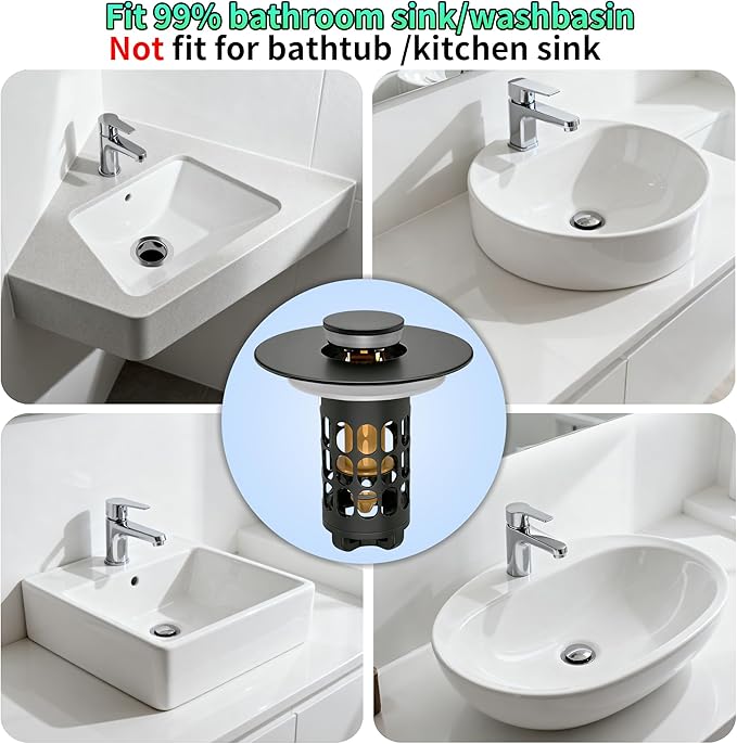 Sink Stopper Bathroom Drain,Universal Bathroom Sink Drain Strainer with Anti-Clogging Basket,Bathroom Sink Stopper Hair Catcher for 1.06"~1.61" Drain Hole