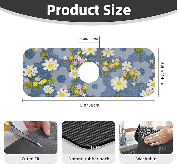Daisy Flowers Dish Drying Mat for Kitchen Counter, 18"x24" Microfiber Absorbent Fast Dry Mat, 2Pcs Dish Mat Faucet Mats Sets, Large Drying Kitchen Mat Kitchen Drying Pad Coffee Bar Decor Gifts