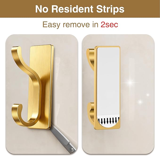 pickpiff Wall Hooks with Adhesive Strip - Easy to Remove, No Residue, Strong Heavy Duty Sticky Towel Hook, 8 Pack Brushed Gold