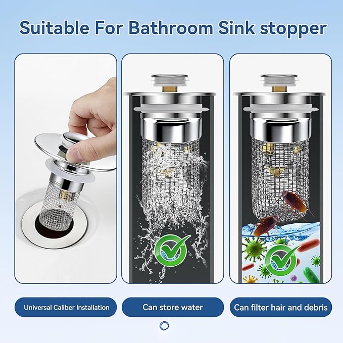 Universal Bathroom Sink Stopper & Hair Catcher, Stainless Steel Drain Filter Strainer, Anti-Clog Pop Up Drain Stopper for US Standard Bathroom Sinks(2PCS)