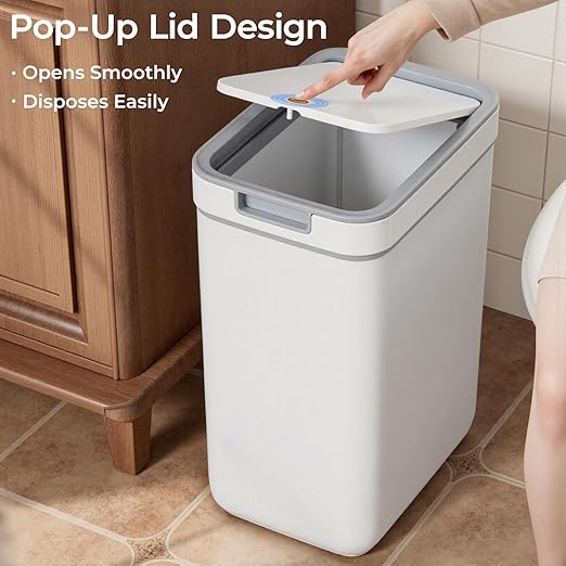Spreezy Bathroom Trash Can with Lid 2 Pack (3.6 Gal & 2.4 Gal), Small Garbage Bin with Pop-Up Lid, Dog-Proof Waste Basket, for Kitchen, Bedroom, Office, Living Room, White