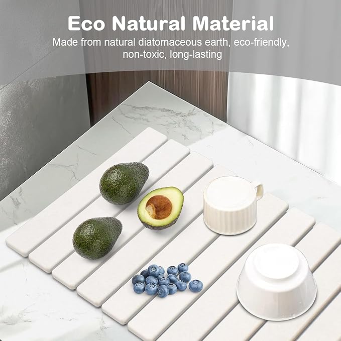 Large Stone Dish Drying Mats for Kitchen Counter, 24"(L)×16"(W), Fast Drying Collapsible Dish Drying Mat, Eco-Friendly Absorbent Diatomaceous Earth Mats for Dishes Bottles, Match Any Countertop
