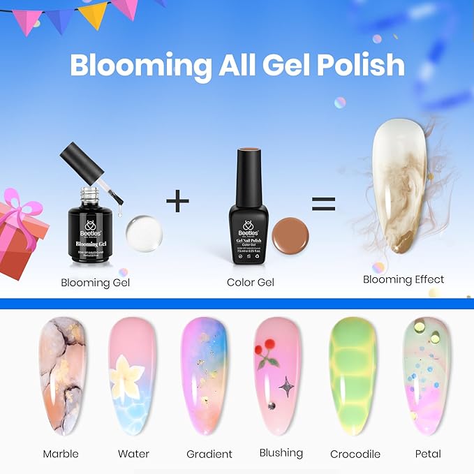 Beetles Blooming Gel Nail Polish 15ml, Clear Blooming Gel for Marble, Flower & Aura Nail Art, Soak Off UV LED Nail Design for DIY & Salon Use