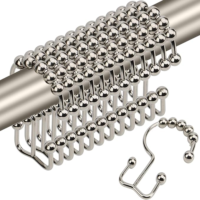 Shower Curtain Hooks,Sturdy Stainless Steel Double Sided Shower Hooks Rings for Bathroom Shower Curtain Rods Curtains Set of 12 Hooks - Nickel