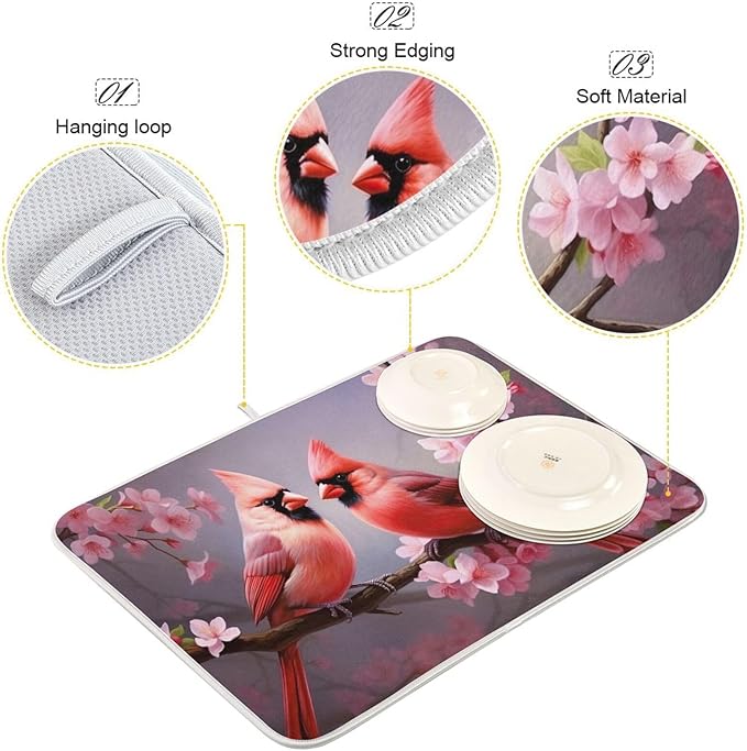 Dish Drying Mat Kitchen Counter Absorbent Red Cardinals Coffee Sink Mat Dish Drainer Pad 18 Inch x 24 Inch