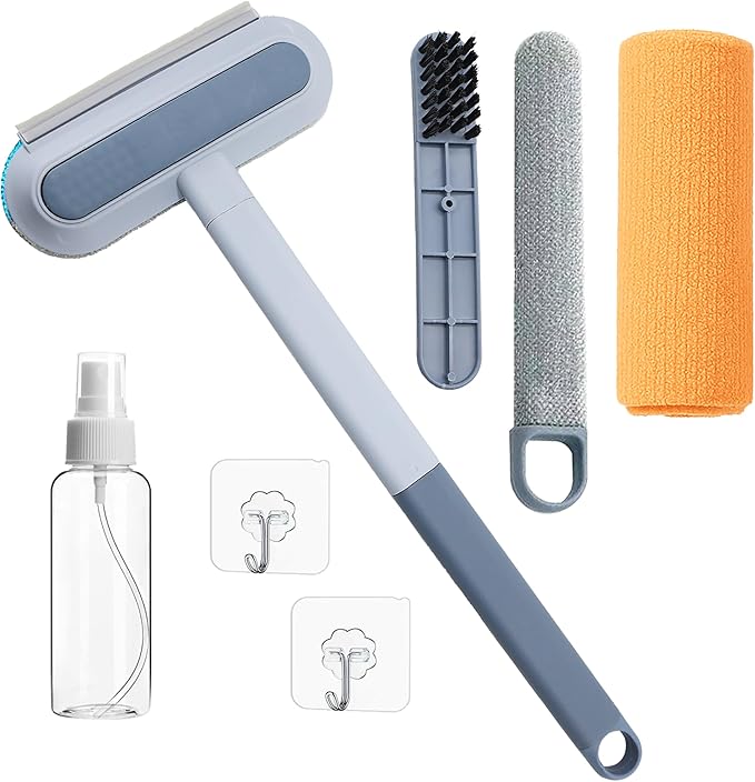 6-in-1 Window Track & Screen Cleaning Kit – Detachable Brushes, Squeegee, Microfiber Cloth & Spray Bottle for Home Window Cleaning
