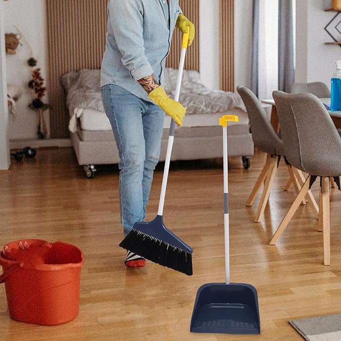 Stand Up Dustpan and Broom Set - Long Handle Broom with Upright Standing Dust Pan - Angled for Indoor Outdoor Home Kitchen Office Floor Cleaning (Blue)