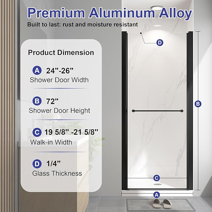 Frameless Pivot Shower Door 24"-26" W x 72" H with Nano Explosion-Proof Film Tempered Glass 1/4"(6mm) Reversible Installtion Swing Shower Glass Doors, Matte Black Finish