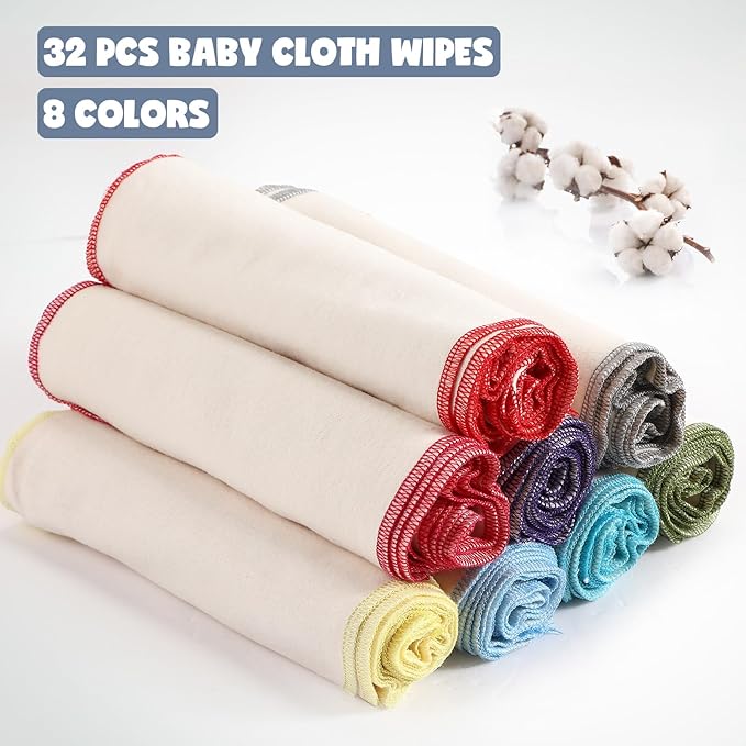 Zopeal 32 Pcs Flannel Cloth Baby Wipes Reusable Dispenser Washable Soft Natural Unbleached Baby Face Cloth Wipes 8 Colors Outer Stitching 8 x 8 Inches