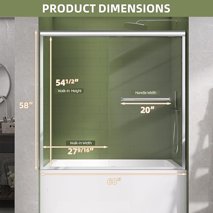 GETPRO Tub Shower Door 56-60 in. W x 58 in. H Semi-Frameless Bypass Double Sliding Bathroom Glass Tub Door,1/4 inch Clear Tempered Glass Bathtub Door Chrome Finish