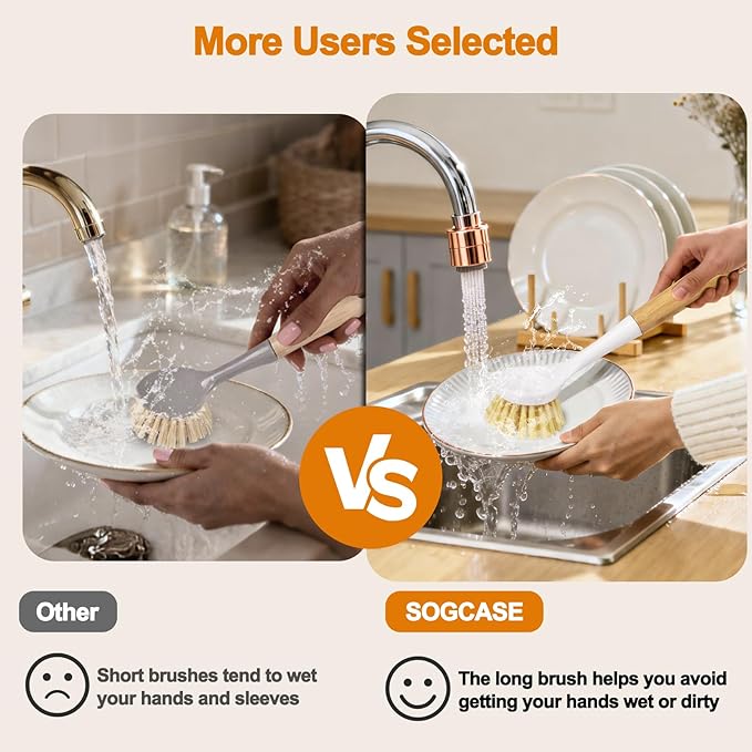 Dish Brush Set with Bamboo Handle, Kitchen Brushes for Cleaning Pot, Sink and Stove, Skillet Scrubber with Tough Bristles for Cast Iron Grill Pan, 2 Pack