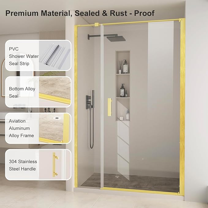 Bathbliss Framed Pivot Shower Door, Glass Shower Door in Brushed Gold, 58.5" to 60" W x 72" H, 5/16" Tempered Glass, Reversible Installation, Easy Setup