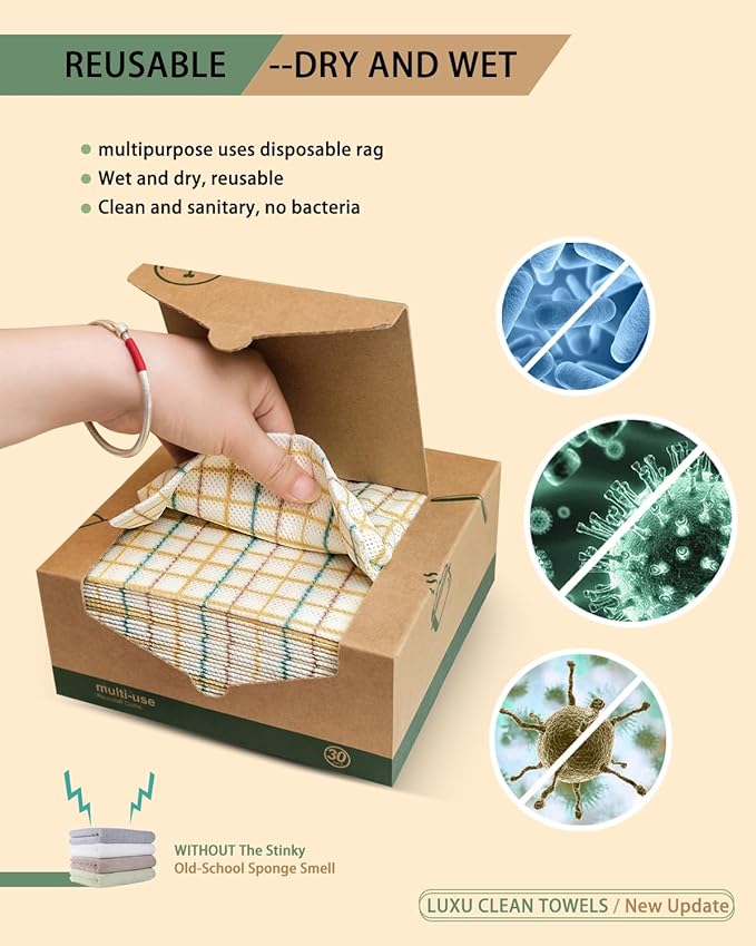 LUXU Reusable Cleaning Wipes,Dry Multi-Use Reusable Cloths,60 Count,Heavy Duty Reusable Cleaning Cloths,Domestic Cleaning Towels,Biodegradable Dish Paper Towels
