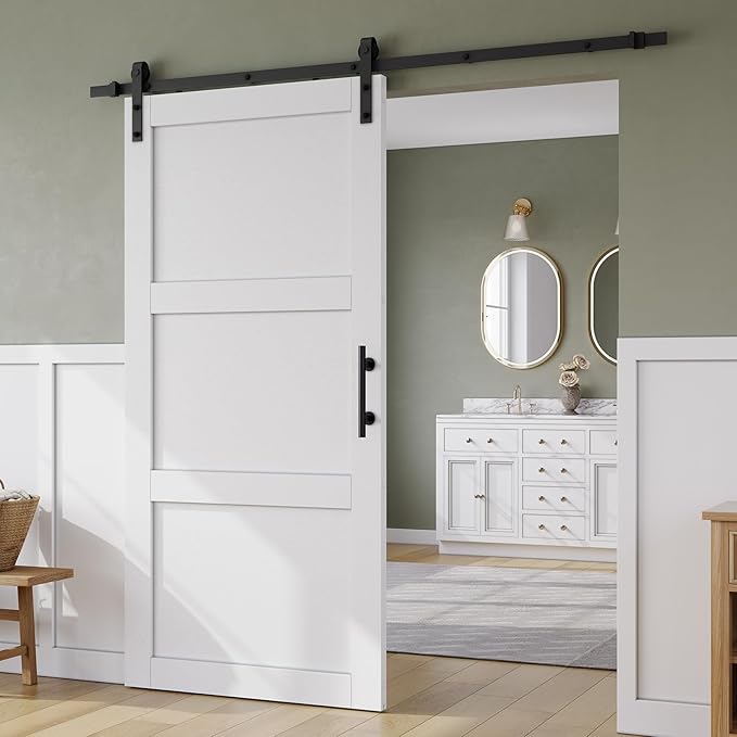 SmartStandard 40in x 84in Sliding Barn Door with 7FT Barn Door Hardware Track Kit & Handle, Waterproof PVC Surface, Pre-Drilled Holes Easy to Assemble, White, Solid, MDF, 3 Panel