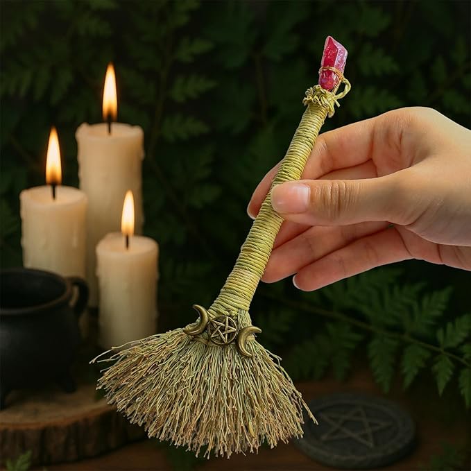 Witch Altar Mini Broom with Crystal and Triple Moon Decor - Wiccan Tools for Healing Energy Cleansing Altar Decoration (Red Crystal)