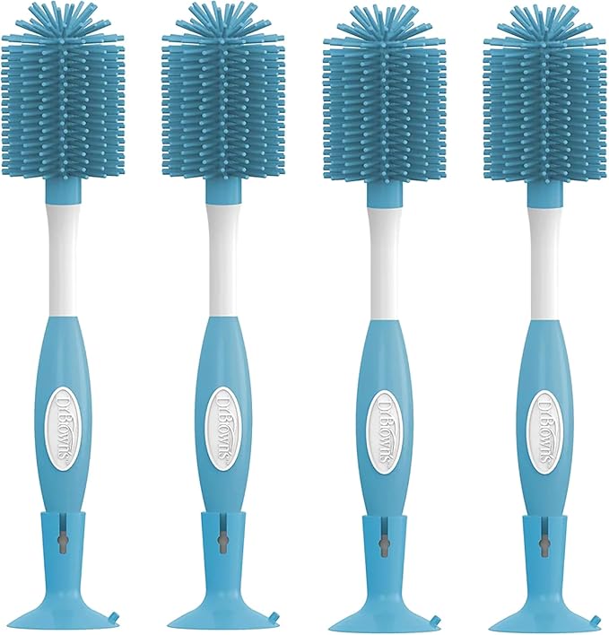 Dr. Brown's Soft Touch No Scratch Baby Bottle Cleaning Brush, Nipple Cleaner and Suction Cup Base for Easy Storage, BPA-Free, Blue, 4-Pack