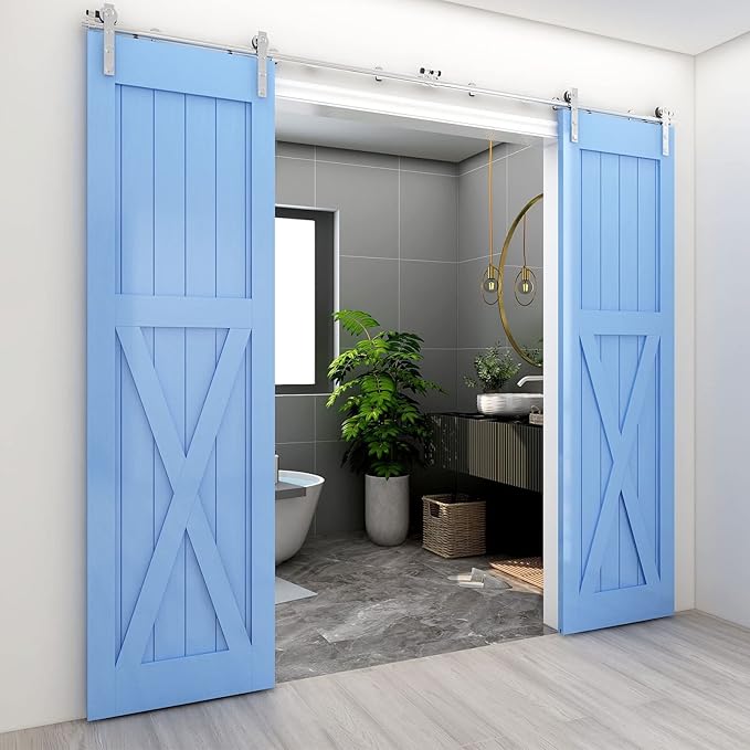 CCJH 10Feet Sliding Barn Door Hardware Kit Stainless Steel Heavy Duty Sliding Track Brushed Nickel for Double Wood Door