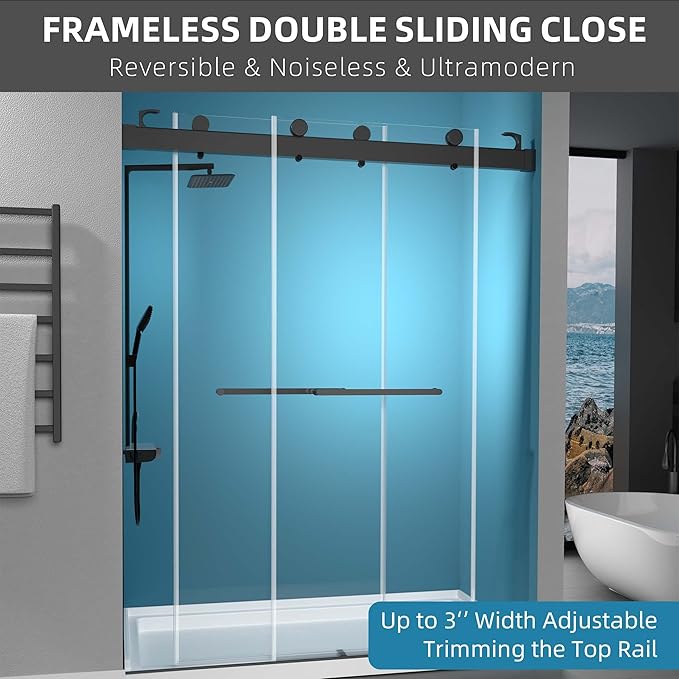 GETPRO Shower Door Frameless 57-60" W x 79" H Double Sliding Bathroom Shower Doors 3/8 Inch Clear Tempered Glass Door for Walk-in Shower with Soft Close and Width Adjustable Matte Black