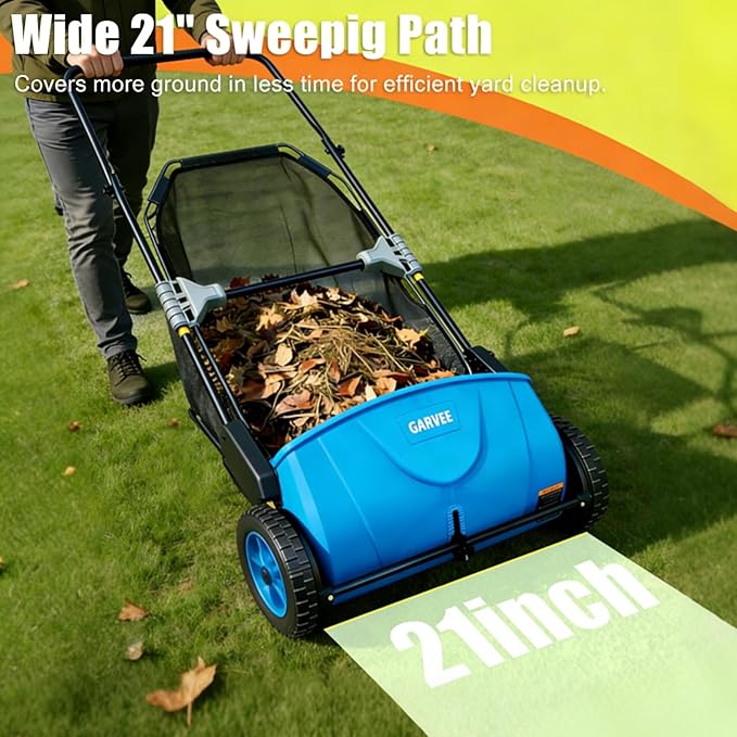 Manual Push Lawn Sweeper 21-Inch, Yard Leaf & Debris Collector with 3.5 Cu. Ft. Collection Bag, Adjustable Brush Height for Lawns & Driveways, Foldable Storage Design