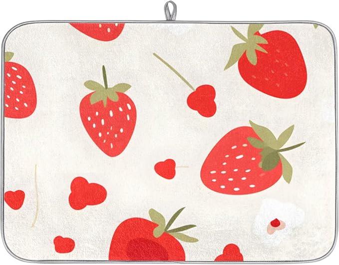 Dish Drying Mat for Kitchen Absorbent Drying Mat Reversible Dish Drying Pad Dish Drying Mats for Kitchen Counter Utensils Pots Water Cup Pink Strawberry