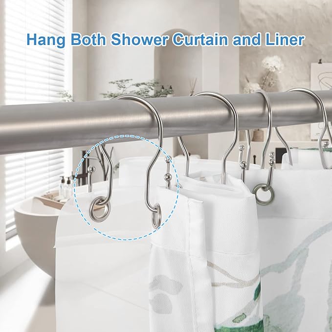 24 Pack Double Shower Curtain Hooks Rings, TENOVEL Double Sided Shower Curtain Hooks Rust Proof for Shower Curtain, Stainless Steel Bathroom Shower Hangers Rings for Shower Rods, Brushed Nickel