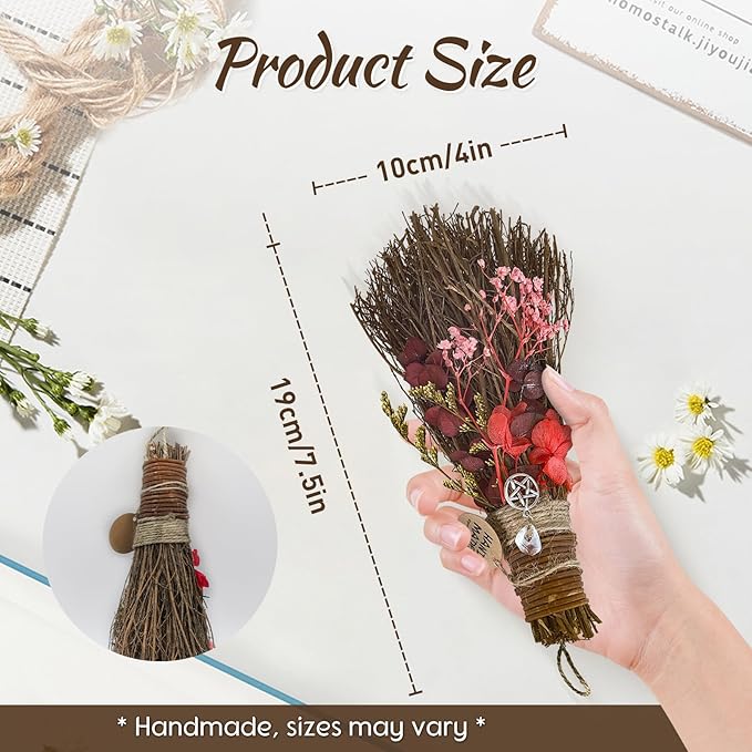 Cinnamon Broom 7.5 Inch Witch Broom for Altar Magic Crystal Handmade Mini Cinnamon Broomstick Scented Natural Herbal Protection Witchcraft Supplies for Wiccan Décor Witchy Gifts (Red)